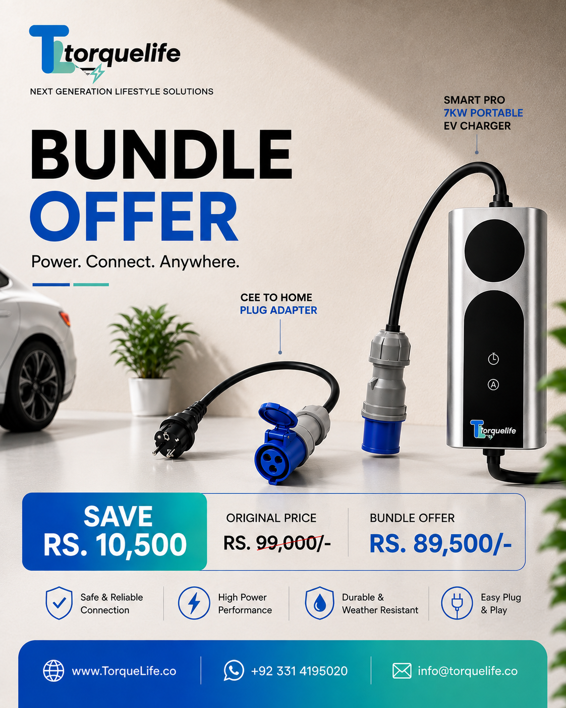 Smart Pro 7kw Portable Ev Charger & CEE Home Adapter | TorqueLife Pakistan
