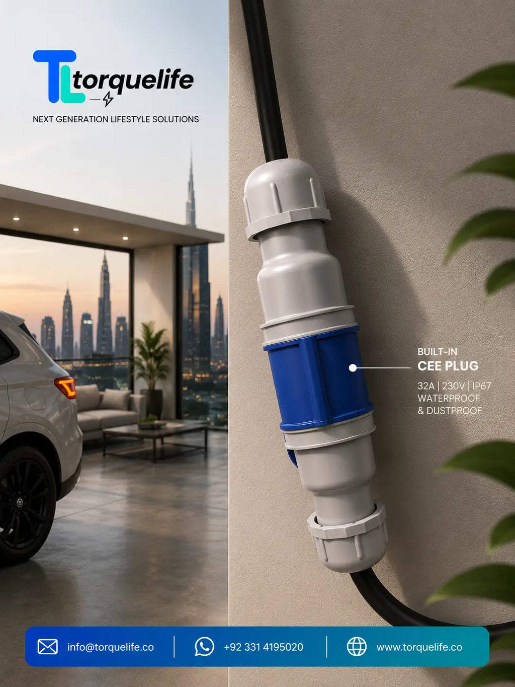 A TorqueLife built-in CEE plug shown mounted on a wall, with a car interior and city skyline visible in the background. The product is white with a blue center section and black cable, and the image includes TorqueLife branding and contact information.