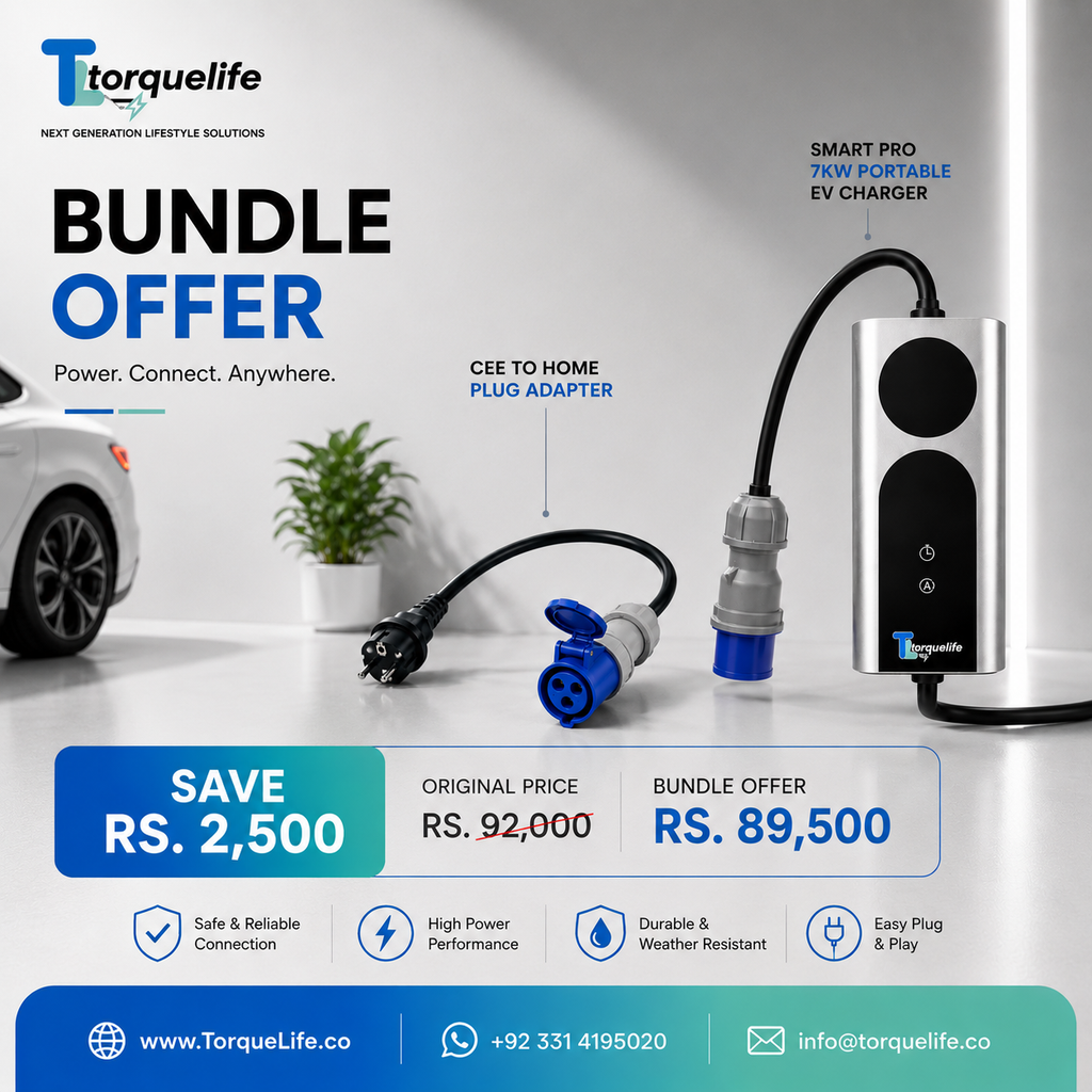 Smart Pro 7kw Portable Ev Charger & CEE Home Adapter | TorqueLife Pakistan