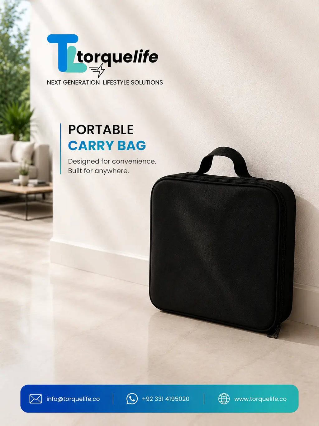 A black portable carry bag standing upright against a light beige wall in an indoor setting. The image includes Torquelife branding and promotional text on the left side, with a blue contact banner at the bottom.