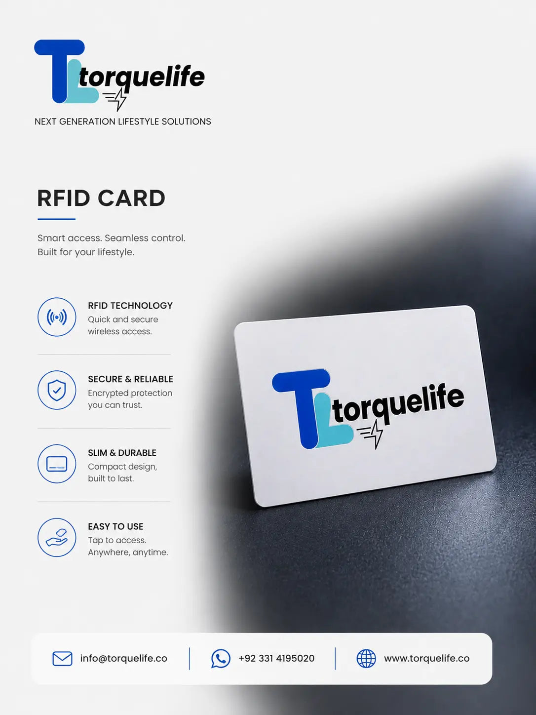 A promotional graphic for a Torquelife RFID card, showing a white card with a blue and black logo on a dark textured surface against a light gray background. Text on the left describes RFID technology and benefits, with the Torquelife brand name prominently displayed.