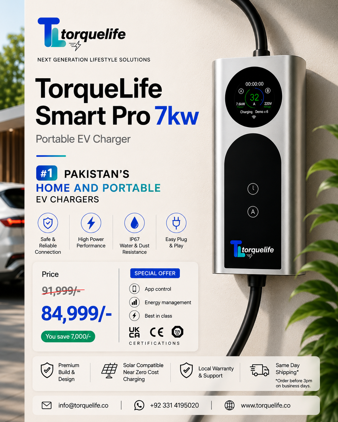 TorqueLife Smart Pro 7kw portable EV charger shown mounted on a wall, with a large promotional ad layout in Urdu and English. The charger is silver and black with a digital display screen, and the ad includes product features, pricing, and certification icons.