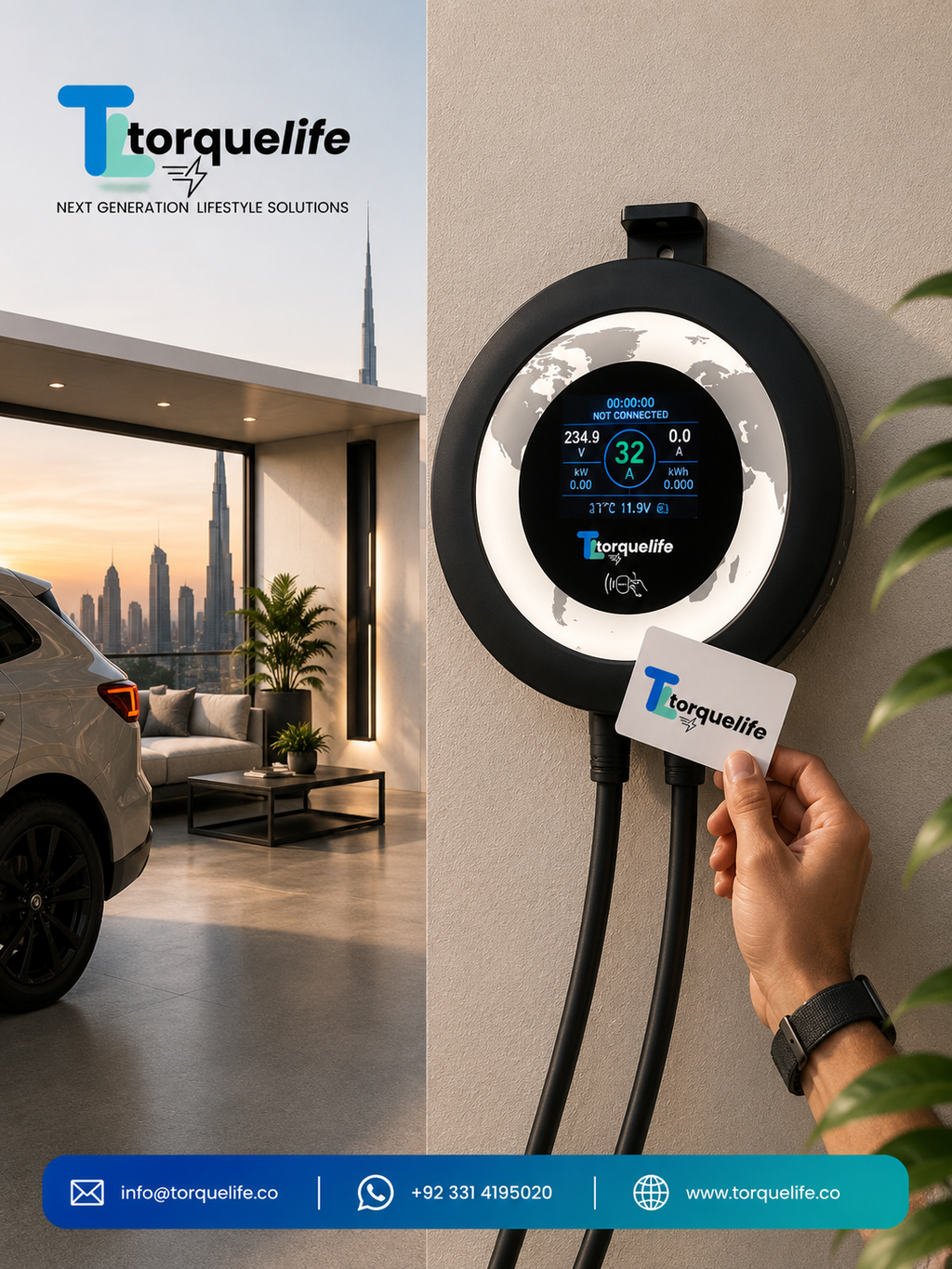 A Torquelife wall-mounted EV charger with a circular black and white face, connected to a charging cable. A hand holds a branded Torquelife card near the charger.