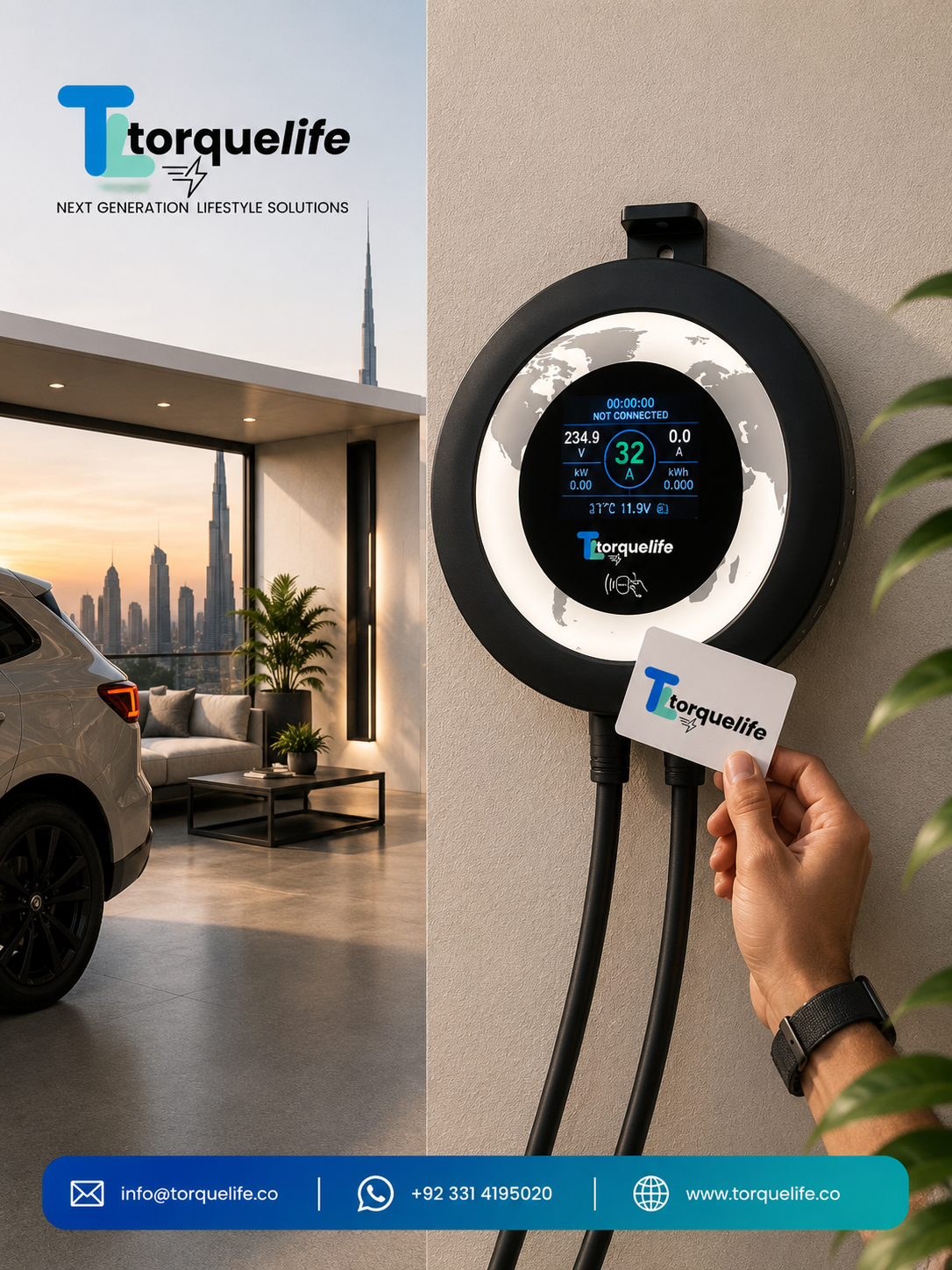 A Torquelife wall-mounted EV charger with a circular black and white face, connected to a charging cable. A hand holds a branded Torquelife card near the charger.