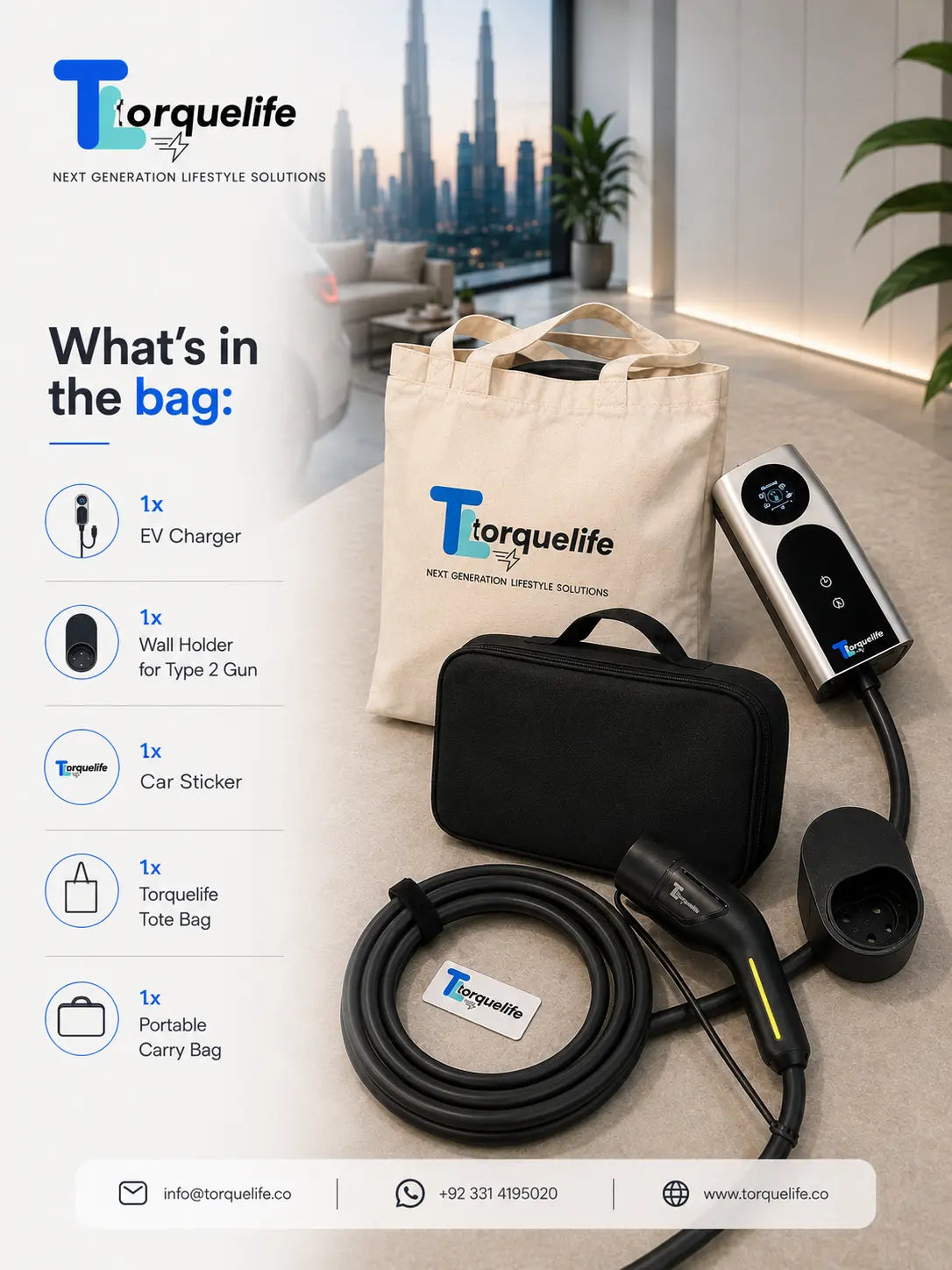 Torquelife EV charging kit displayed on a light beige floor in a modern living room setting, featuring an EV charger, a black carrying case, a coiled charging cable, a black wall holder, and a beige tote bag with the Torquelife logo. A vertical text panel on the left lists the included items.